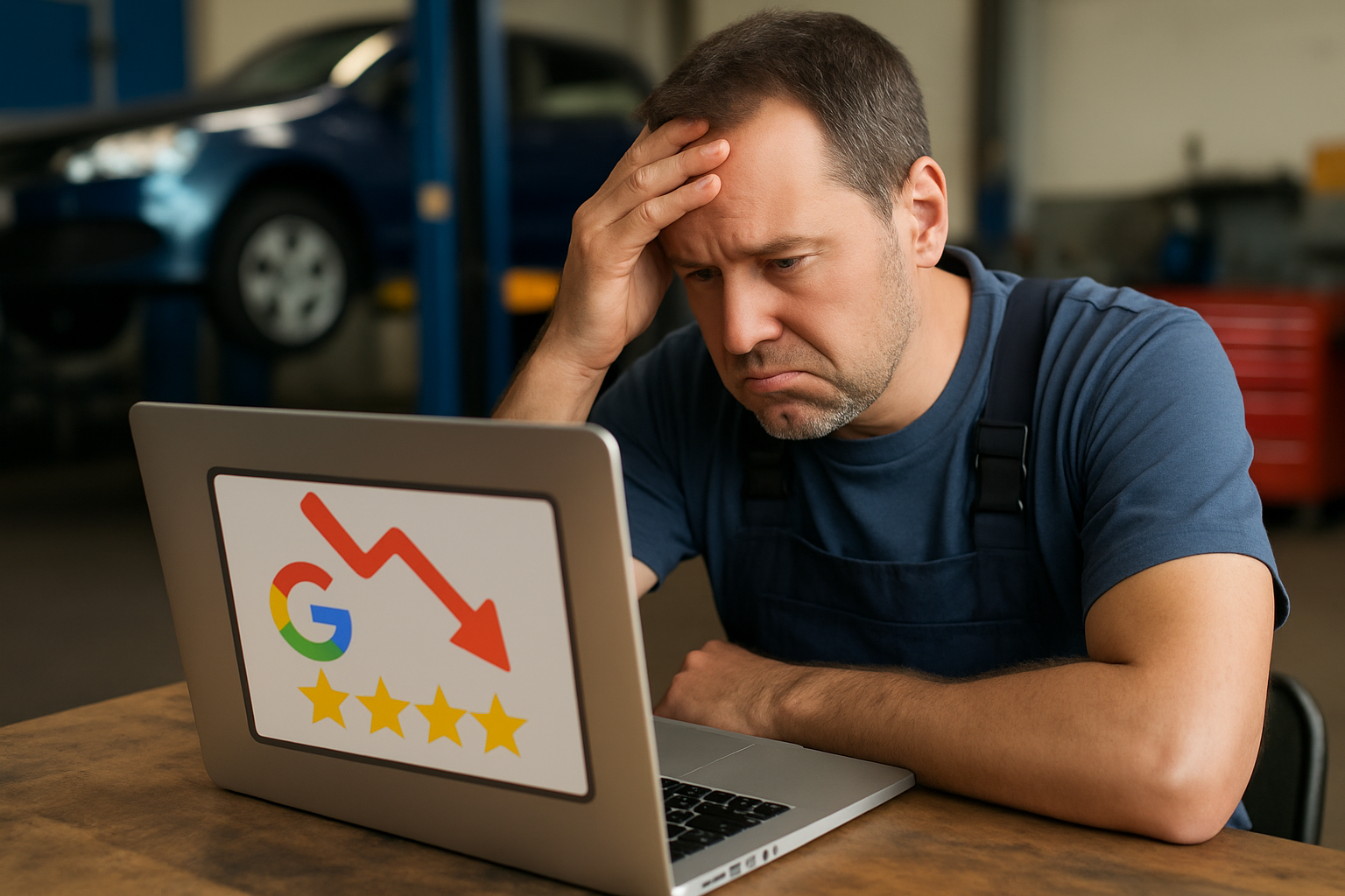 a workshop owner who is looking sad because of the sudden Dropped in Google Rankings