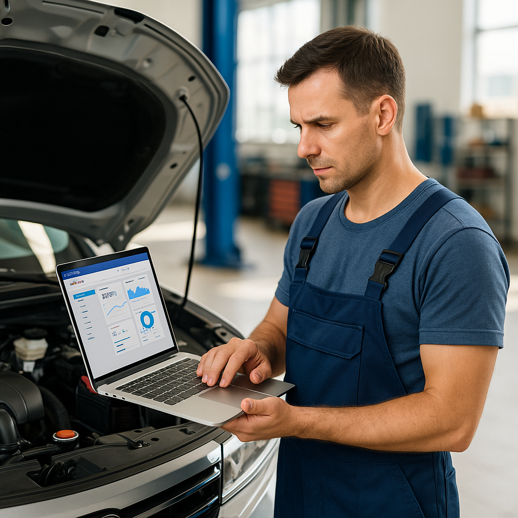 Mechanic in a workshop using a laptop to check Facebook ads for a mechanic workshop while standing beside a car with the hood open.