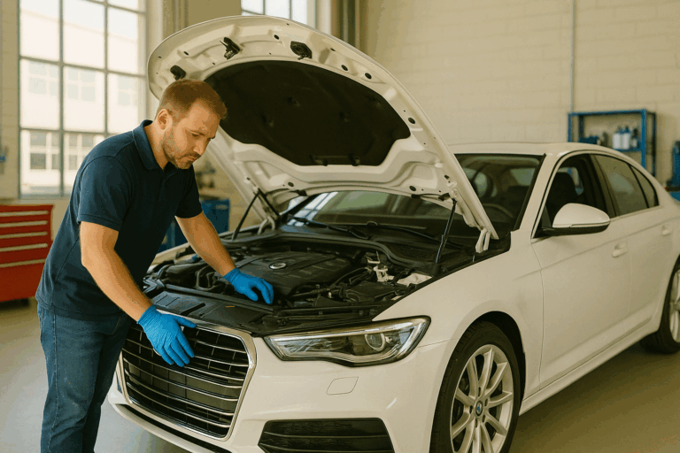 Mechanic inspecting the engine of a white luxury sedan in a bright workshop, representing how to market European car mechanic services.