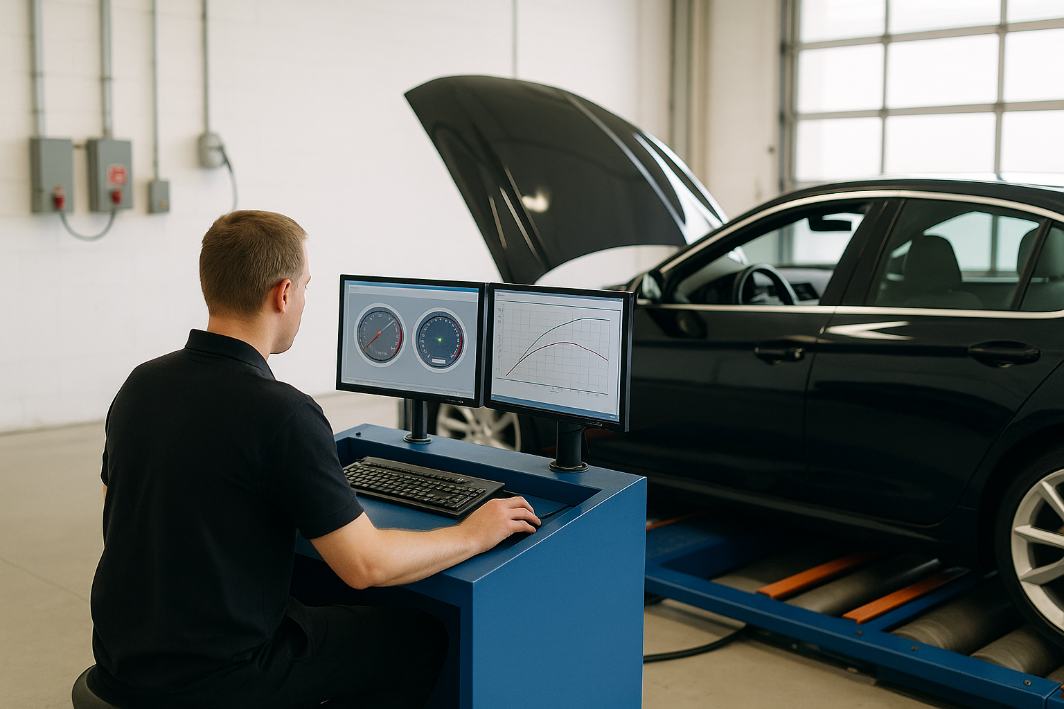 Technician running a black car on a dyno machine in a workshop to market dyno tuning services.